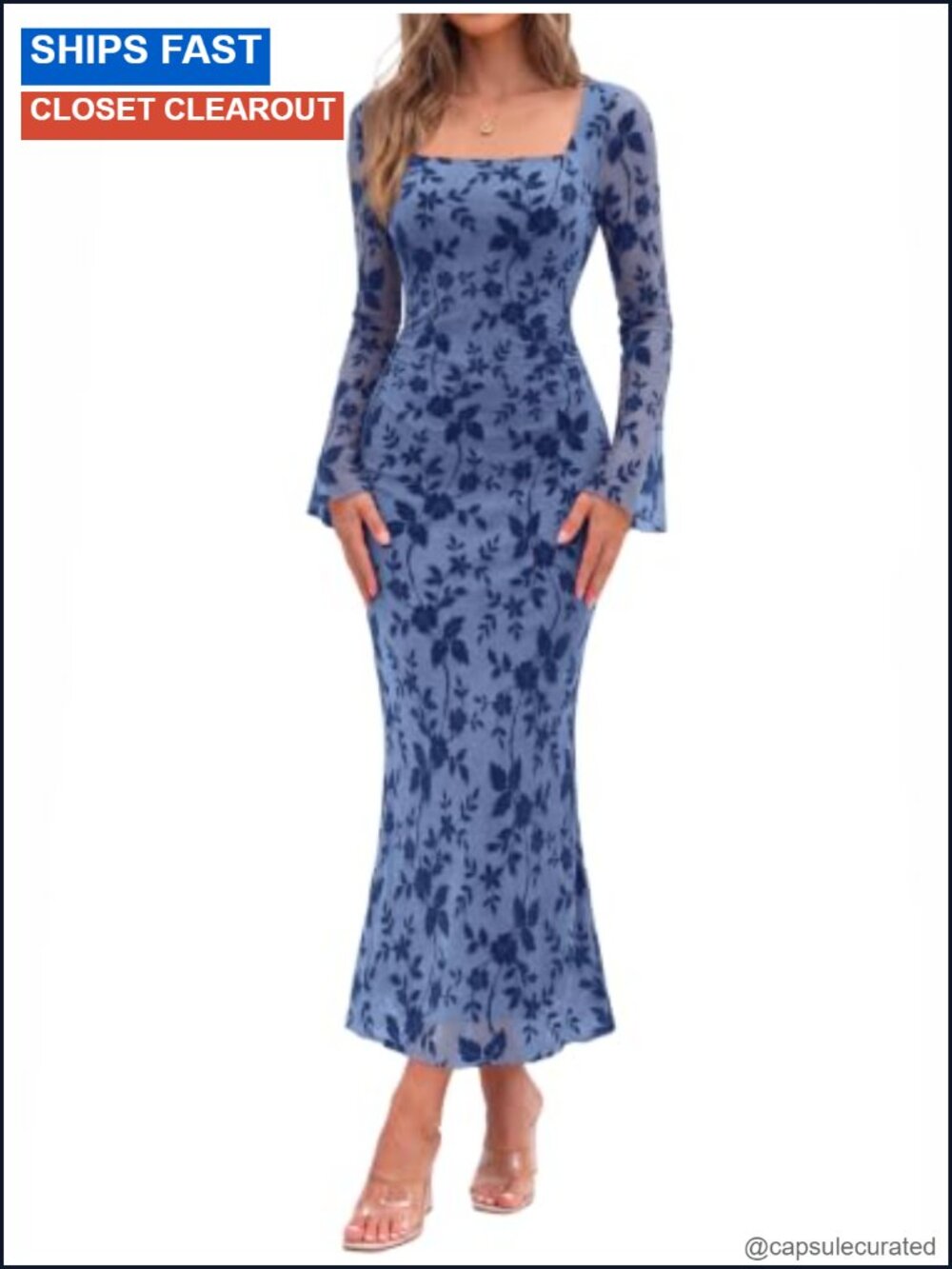 Women Long Sleeve Bodycon Maxi Dress Sheer Bell Sleeve Square Neck Floral Party